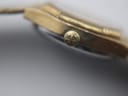 Macro shot of the original Tissot signed crown with the brand's 'T' logo.