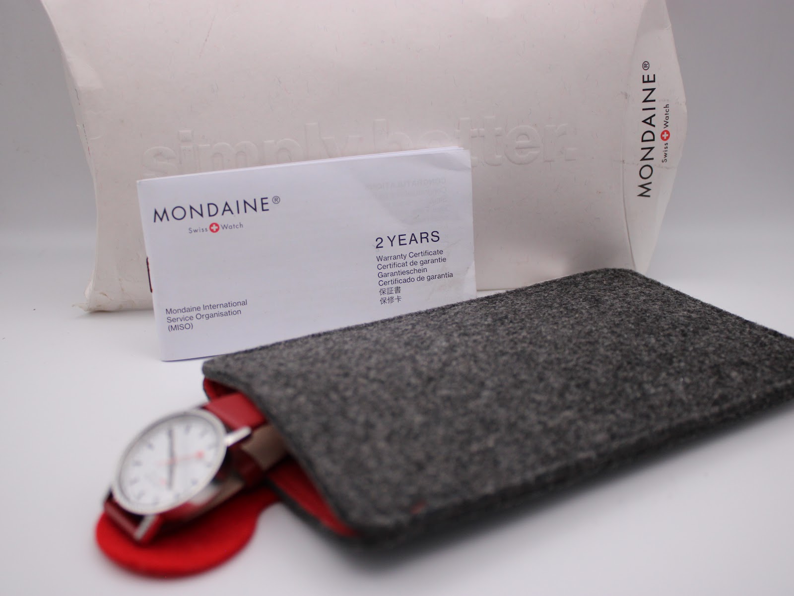 Inclusions: Mondaine felt pouch, warranty card, and paper sleeve with the watch.