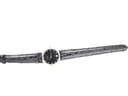 Top-down view of the Raymond Weil watch laid flat, showcasing the full length of the black alligator calf leather strap and the gold-plated watch head.