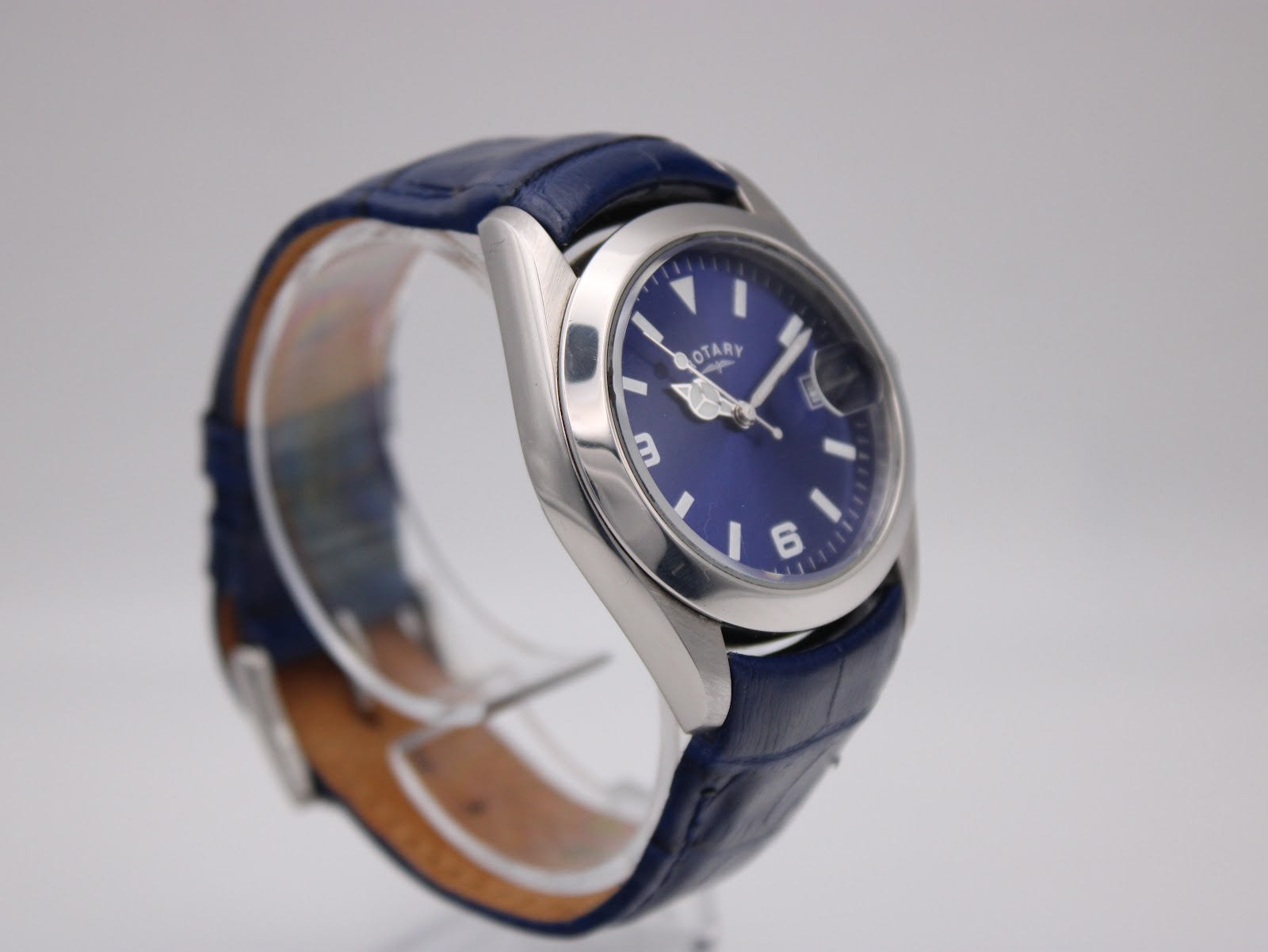 Another angled side view of the Rotary 10304 watch, highlighting case finishing and strap.