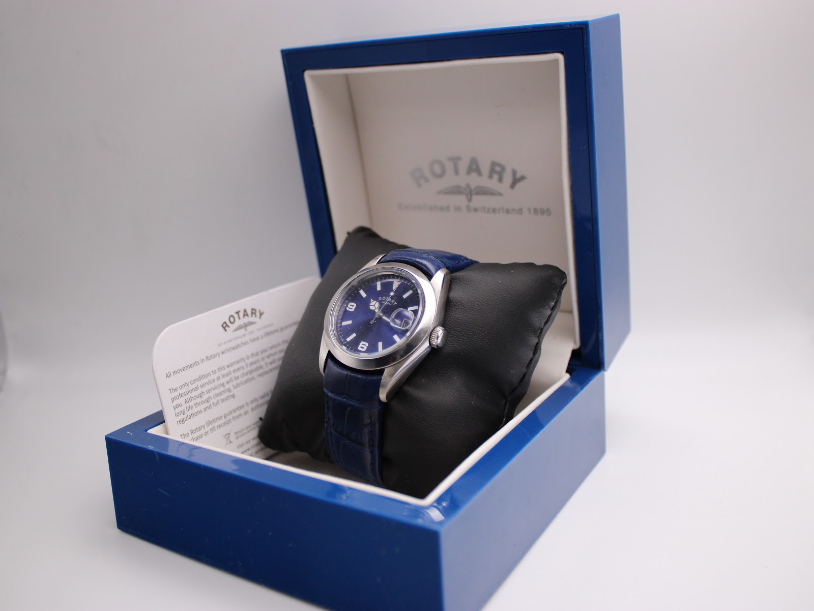 Rotary 10304 watch displayed inside its original blue Rotary presentation box.