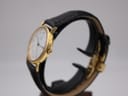 Left side profile of the gold-tone Sewills watch on a display stand, showcasing the crown and case curve.