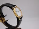 Right side profile of the gold-tone Sewills watch on a display stand, highlighting the classic case design.