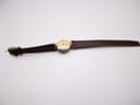 Opposite overhead view of the watch with the strap fully extended, highlighting the full length of the dark brown leather strap.
