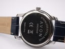 Close-up of the watch case back, showing "Stainless Steel Back", "Avon", "SR626SW", "CE" mark, and "Made in China" engravings.