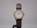 Front view of Tissot Seastar watch with gold case, white dial, black Arabic numerals, and dark brown leather strap, on a watch stand.