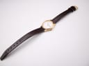 Top-down view of the Tissot Seastar watch laid flat, displaying the entire dark brown leather strap with gold buckle.