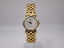 Front view of gold plated Gucci 3400L ladies watch with white mother of pearl dial and gold link bracelet.