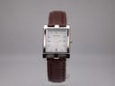 Front view of the Bulova C860209 ladies' watch with a silver square case and white dial, on a burgundy lizard-grain leather strap.