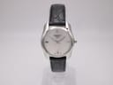 Front view of Tissot T023210A ladies' quartz watch with silver case and iridescent mother of pearl dial on a black crocodile-grain leather strap.