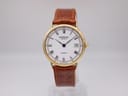 Front view of Raymond Weil 5514 vintage watch with white dial, black Roman numerals, and brown leather strap.